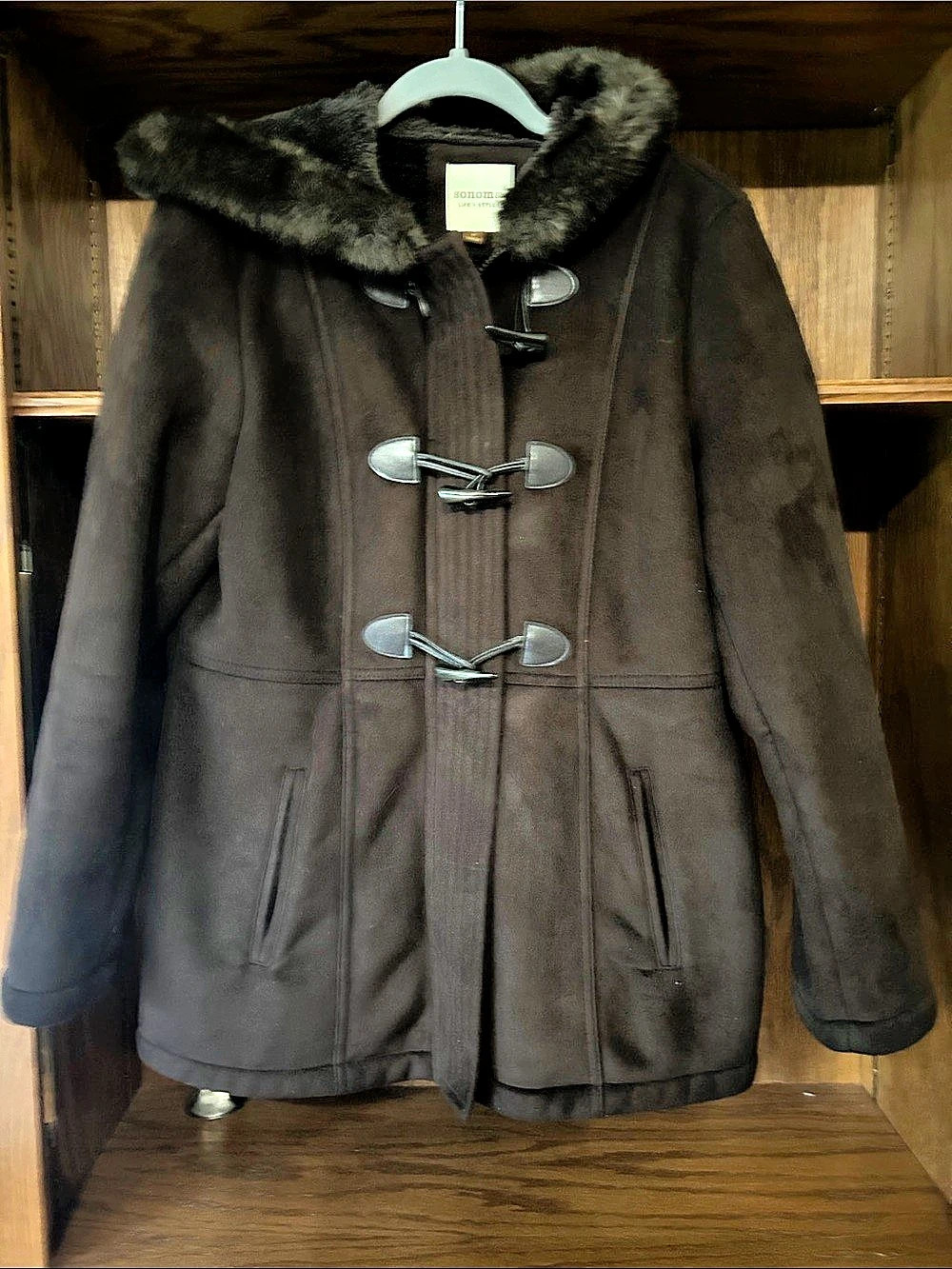 Sonoma Faux Fur Collar Toggle Coat Brown Medium Like New